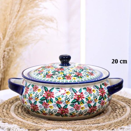 طنجرة بورسلان خزف 20سم اطار كحلي B090 وجه ورد بيج وزهري واخضر ++ZW