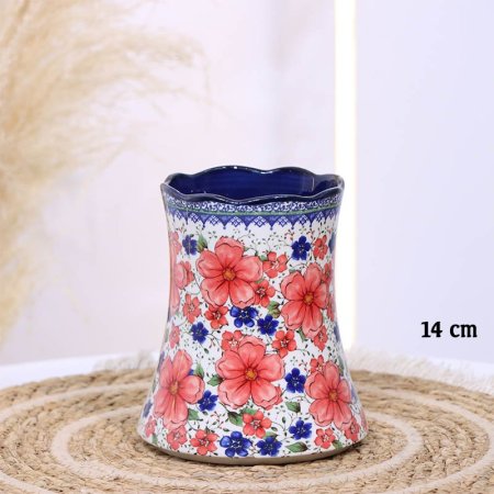 فازة بورسلان خزف 14سم ت.ك4 اطار كحلي B203 مرسم ورد زهري كبير ++ZW