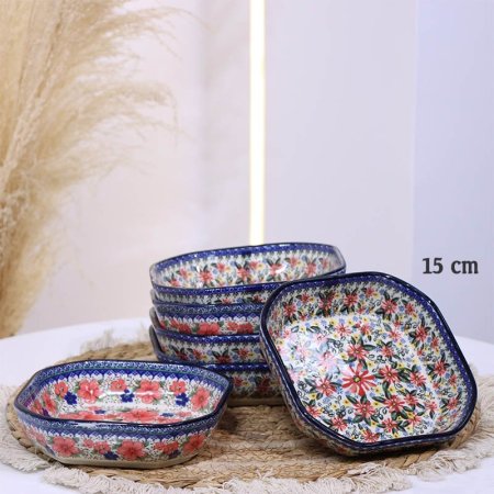 صحن بورسلان خزف 15سم شكل ثماني ت.ك6 اطار كحلي B197/6 مرسم ورد زهري كبير ++ZW