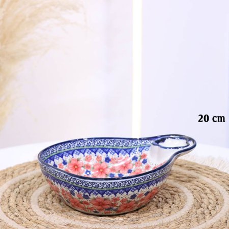 صحن بورسلان خزف 20سم شكل نجاصة اطار كحلي B171 مرسم ورد زهري كبير ++ZW