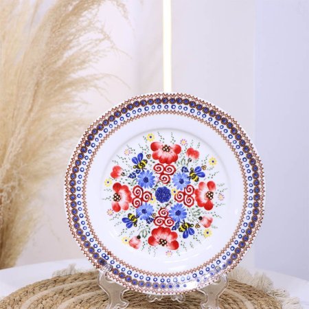 صحن مدور صفح بورسلان خزف 25سم شكل وردة ت.ك2 اطار كحلي B181/11 مرسم ورد احمر كبير ++ZW