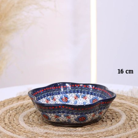 صحن بورسلان خزف 16سم شكل نجمة ت.ك2 اطار كحلي B196 مرسم ورد ازرق كبير ++ZW