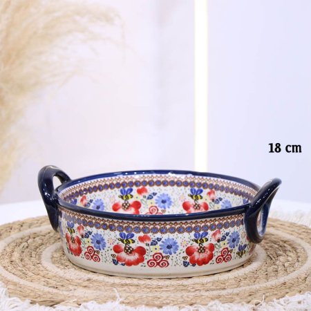 صحن مدور بيدين حلقات بورسلان خزف 18سم اطار كحلي B094 مرسم ورد سنبلات احمر ++ZW