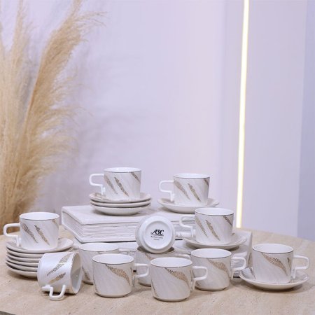 طقم فناجين قهوة 12/12 بورسلان ابيض مرسم ريشة بروزني ع.كرتون C197 ++ع2