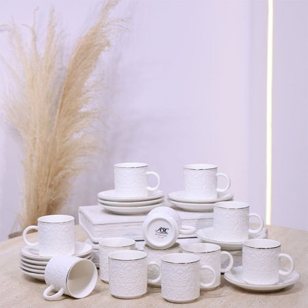 طقم فناجين قهوة 12/12 بورسلان ابيض مرسم مزخرف ع.كرتون C024 ++ع2