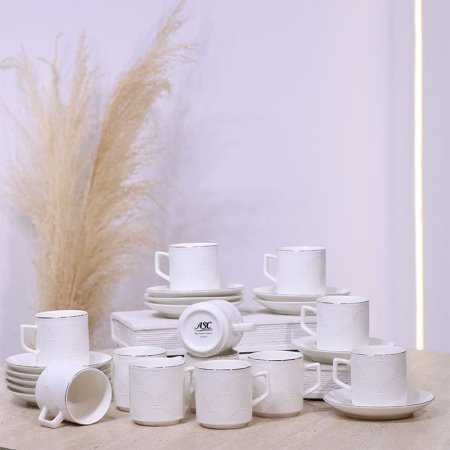 طقم فناجين قهوة 12/12 بورسلان ابيض مرسم محار ع.كرتون C042 ++ع2