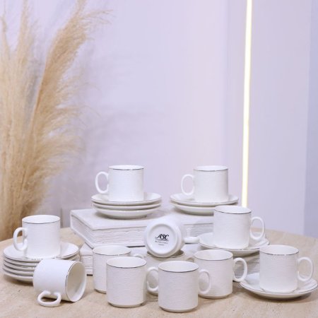 طقم فناجين قهوة 12/12 بورسلان ابيض مرسم مموج ع.كرتون C016 ++ع2