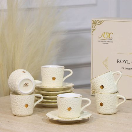 طقم فناجين شاي 6/6 بورسلان بيج ST118A-6/S-BEIGE مزخرف نجمة ++ZW1