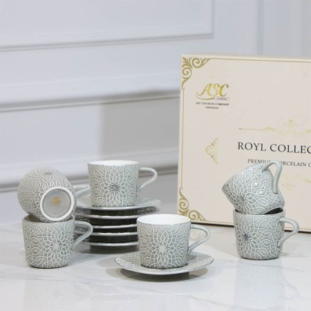 طقم فنجان شاي 6/6 بورسلان سكني ST118A-6/S-GREY BLUE مزخرف اندلسي ++ZW1