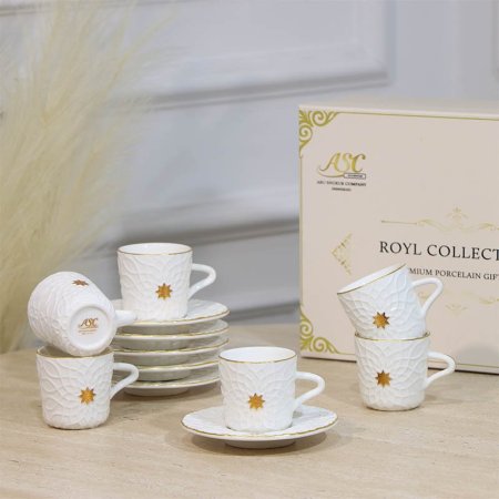 طقم فناجين قهوة 6/6 بورسلان ابيض ST118B-6/S-WHITE مزخرف نجمة ++ZW1