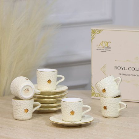 طقم فناجين قهوة 6/6 بورسلان بيج ST118B-6/S-BEIGE مزخرف نجمة ++ZW1