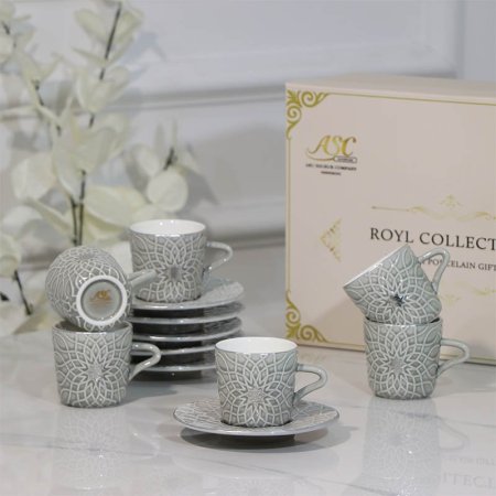 طقم فنجان قهوة 6/6 بورسلان سكني ST118B-6/S-GREY BLUE مزخرف اندلسي ++ZW1