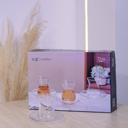 طقم كاسة شاي استكانة 6/6 زجاج سادة BD010 +ب