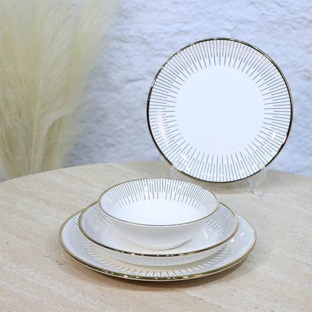 طقم صحون سفرة /24 بورسلان ابيض 6033/A محزز بيانو حيف ذهبي++ع3