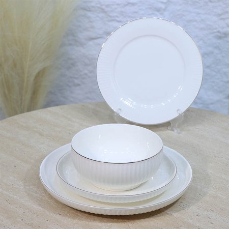 طقم صحون سفرة /24 بورسلان ابيض 7008 لميع محزز ++ع3