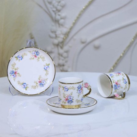 طقم فناجين قهوة بورسلان12/12 بيج 7081/A حيف وقاعدة ذهبي مرسم ورد ازرق ++ع3