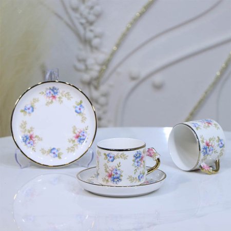 طقم فناجين قهوة بورسلان12/12 بيج 7082/A قدرة حيف ذهبي مرسم ورد ازرق ++ع3