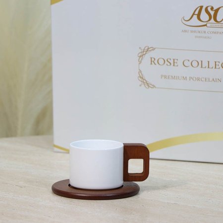 طقم فناجين قهوة بورسلان 12/12 ابيض 7084 لميع يد ومتكة خشب بني ++ع3
