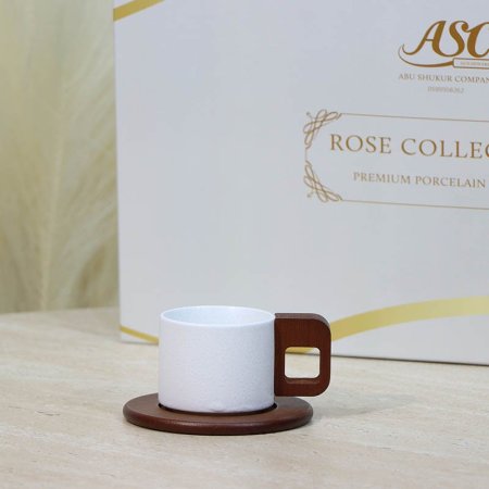 طقم فناجين قهوة بورسلان12/12 ابيض 7086/A مبزر يد خشب بني ++ع3