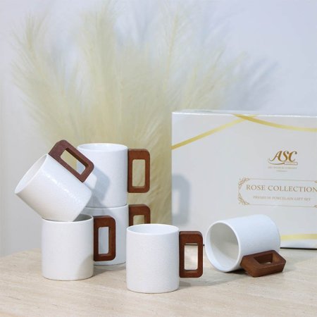 طقم كاسة شاي بورسلان 6/6 ابيض 7088/A مبزر يد خشبي ++ع3