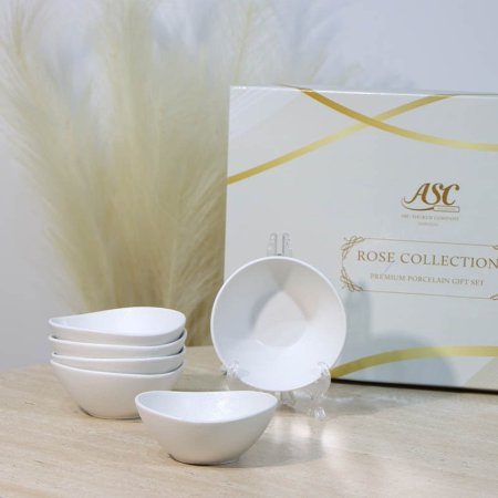 طقم صحون مكسرات/6 بورسلان بيضاوي 11سم ابيض 7090/A مبزر ++ع3