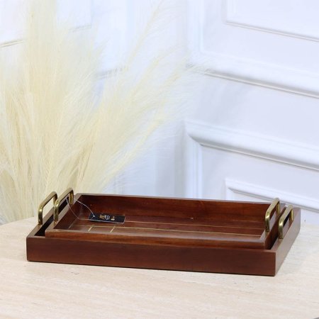 طقم صواني/2 خشب هندي 36*22+41*25سم مستطيل يدين نحاس HO202460 %ه12