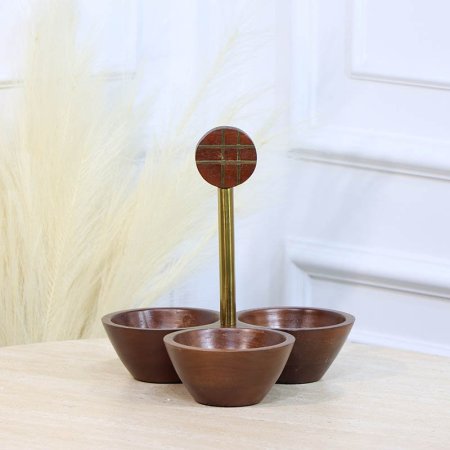 مضيفة 3عين خشب هندي  مدور مسكة نحاس ذهبي HO202462 %ه12