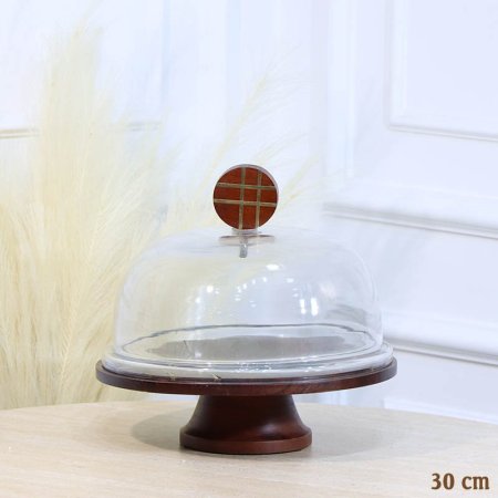 جاط كيك خشب هندي مدور 30سم وجه محزز نحاس ذهبي غطا زجاج HO202464 %ه12