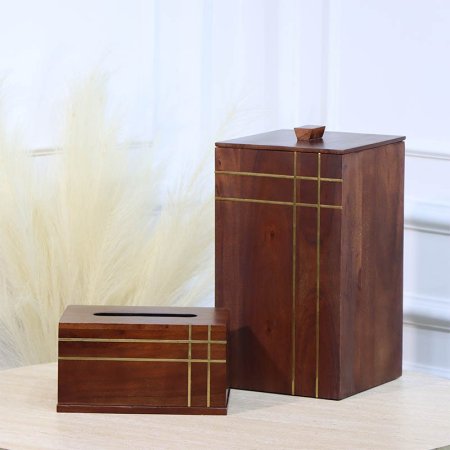 طقم/2 سطل + بكيت محارم مستطيل خشب بني محزز نحاس ذهبي HO202465 %ه12