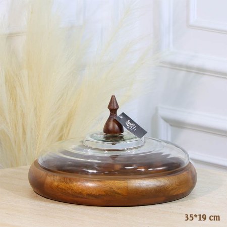 مضيفة خشب هندي مدور 35*19سم غطا قبة زجاج HO202506 %ه12