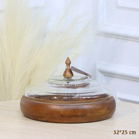 مضيفة خشب هندي مدور 32*25سم غطا قبة زجاج HO202502-L %ه12