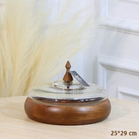 مضيفة خشب هندي مدور 29*25سم غطا قبة زجاج HO202502 %ه12
