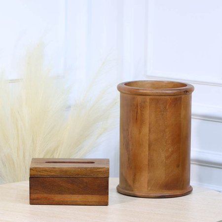 طقم/2 سطل 27*20سم مدور+ بكيت محارم خشب بني هندي HO20015 %ه12