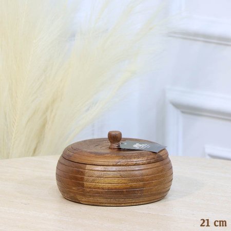 مضيفة خشب هندي مدور 21سم محزز حلقات غطا خشب HO20018 %ه12