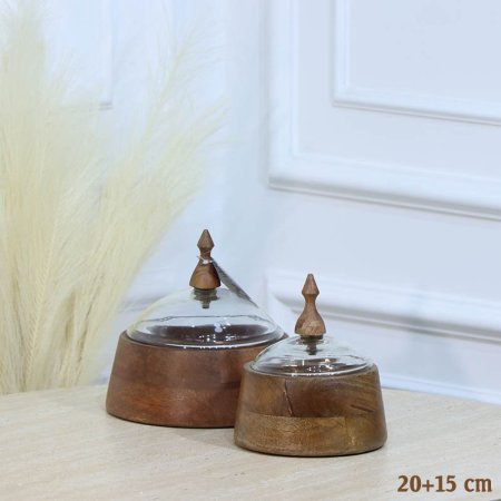 طقم/2 مضيفة خشب هندي مدور 15+20سم غطا قبة زجاج HO20001-2 %ه12