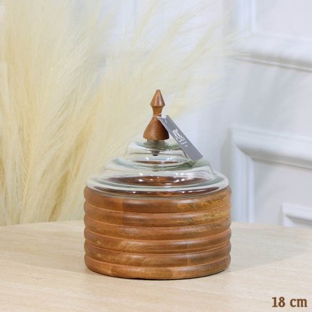 مضيفة خشب هندي مدور جور 18سم محزز حلقات غطا قبة زجاج HO20002 %ه12