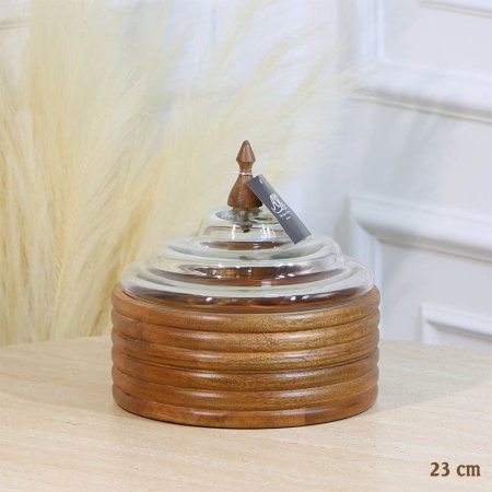 مضيفة خشب هندي مدور جور 23سم محزز حلقات غطا قبة زجاج HO20003 %ه12