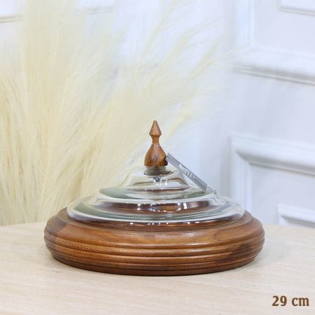 مضيفة خشب هندي مدور 29سم محزز حلقات غطا قبة زجاج HO20005-XL %ه12