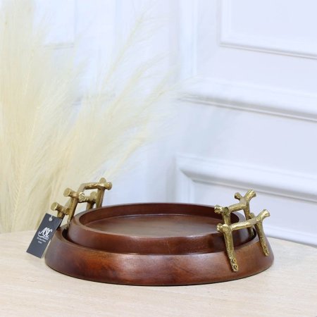 طقم صواني/2 خشب هندي 28+34سم مدور يدين نحاس جذع شجرة HO592579-2 %ه12