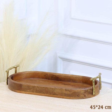 صينية خشب هندي 45*24سم بيضاوي يدين جذع شجرة نحاس HO592555 %ه12