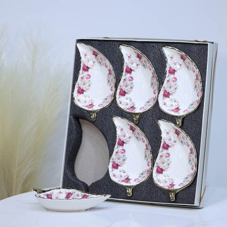 طقم صحون مكسرات بورسلان /6 ورقة ابيض 9001/B حيف ذهبي مرسم ورد زهري ++ع3