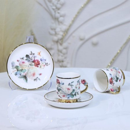 طقم فناجين قهوة بورسلان12/12 بيج 7081/B حيف وقاعدى ذهبي مرسم ورد بيج++ع3