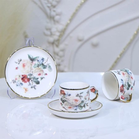 طقم فناجين قهوة بورسلان12/12 بيج 7082/B قدرة حيف ذهبي مرسم ورد بيج ++ع3