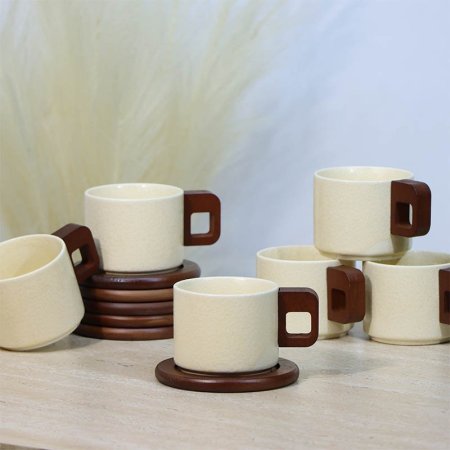 طقم كاسة شاي بورسلان 6/6  بيج 7087/B مبزر يد خشب بني ++ع3