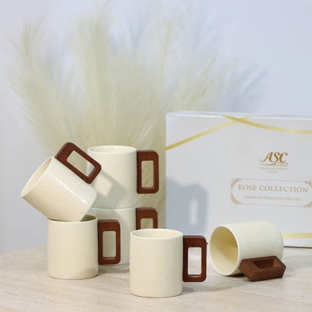 طقم كاسة شاي بورسلان 6/6 بيج 7088/B مبزر يد خشبي ++ع3