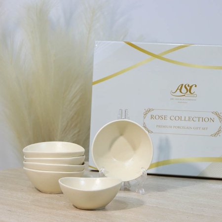 طقم صحون مكسرات/6 بورسلان بيضاوي 11سم بيج 7090/B مبزر ++ع3