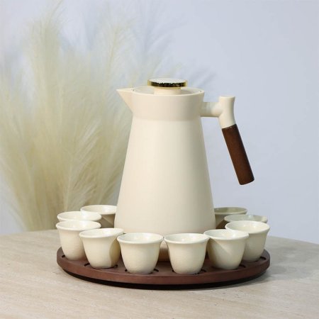 طقم/14 تيرموس + 12فنجان قوهوة سادة +صينية خشب متحرك بيج 4002/B مبزر ++ع3