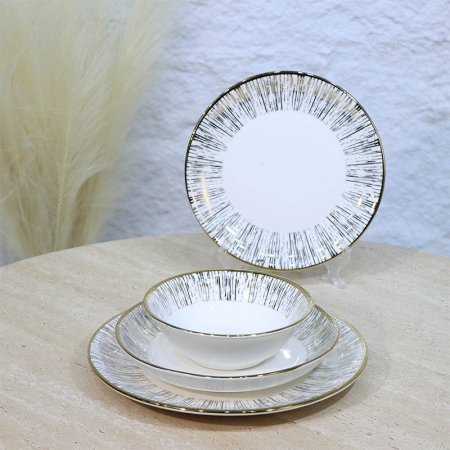 طقم صحون سفرة /24 بورسلان ابيض 6033/B موشح حيف ذهبي ++ع3