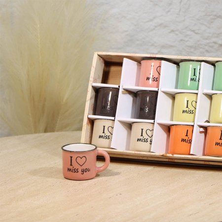 طقم فناجين قهوة 6/6 بورسلان ملون مكتب I MISS YOU حيف اسود A226/3 =ع4