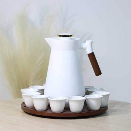 طقم/14 تيرموس + 12فنجان قوهوة سادة +صينية خشب متحرك ابيض 4002/A مبزر ++ع3